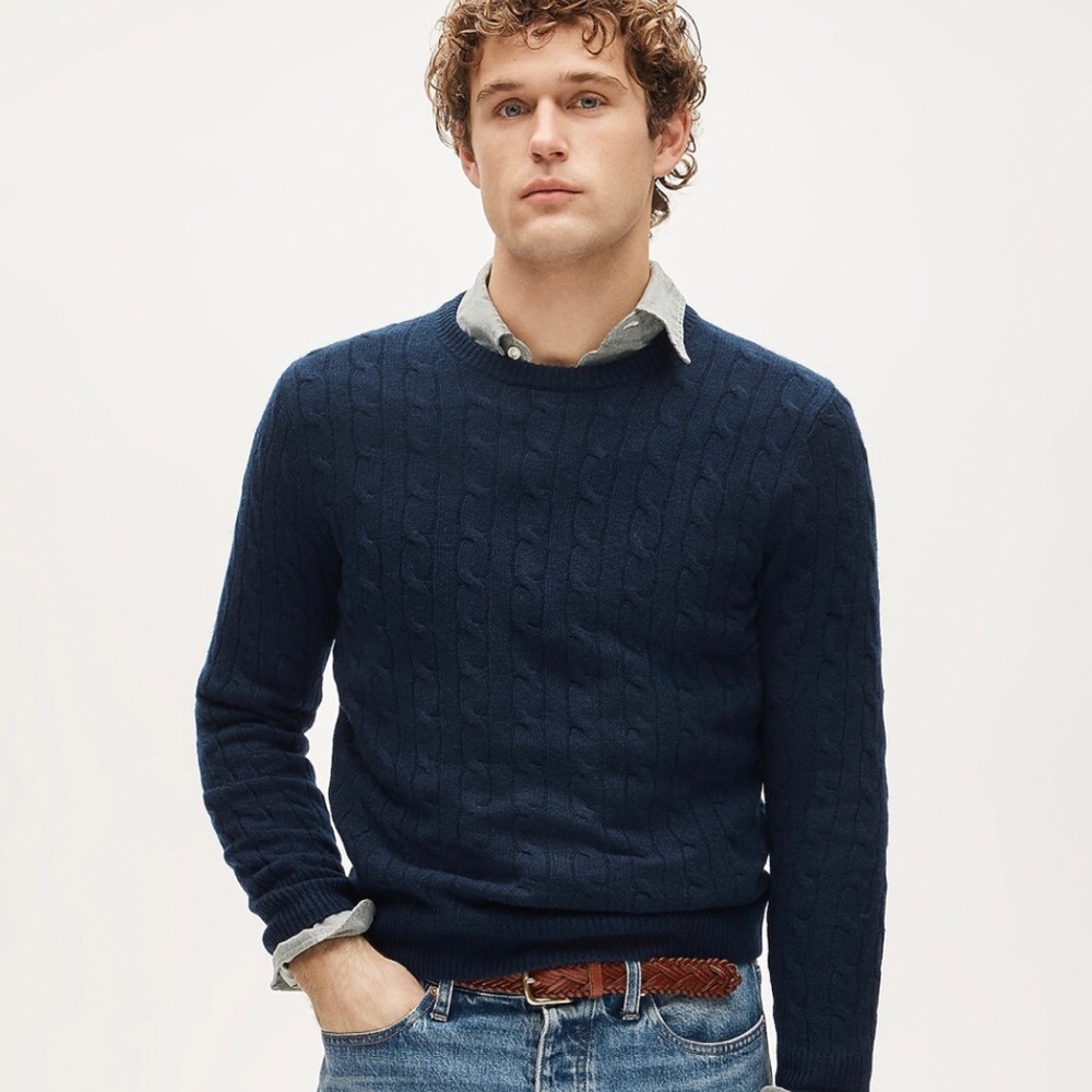 J. Crew 100% Cashmere Navy Blue Cable Knit Crewneck Sweater
